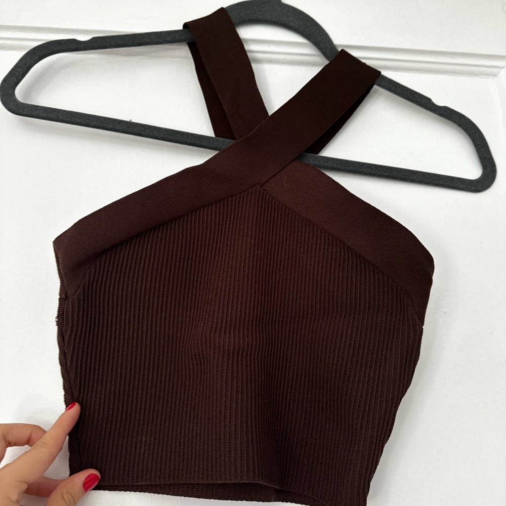 Aritzia Dark Brown Ribbed Halter Crop Top